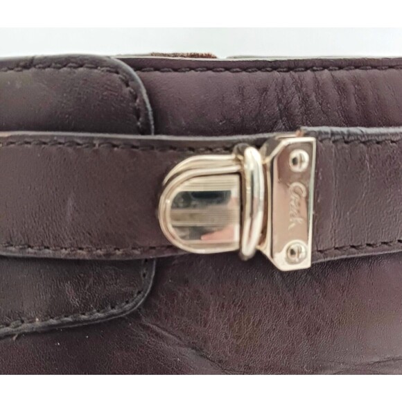 Coach Sondra Choc Brown Leather Heeled Bootie Gold Logo Buckle Strap Side Zip 9M - Picture 3 of 12